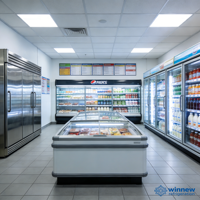 Réfrigérateur vitrine à verre incurvé horizontal pour la vente au détail alimentaire et les supermarchés