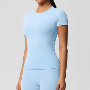 Camiseta Deportiva de Manga Corta para Mujer, Cuello Redondo, Color Sólido, para Yoga y Fitness - Product Image 6