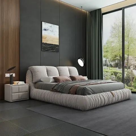 Moderne Italiaanse Aangepaste Ontwerpen Appartement Single Puff Stijl Massief Hout Zachte Bedden Kamer Set Kingsize Bed Ontwerp