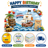Décor de fond en panneau KT sur le thème des pirates pour anniversaire d'enfants, ensemble de ballons, toile de fond photo pour fête de garçons, nom personnalisé disponible