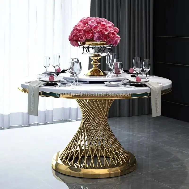 High End Factory Custom Stainless Steel Gold Frame Round Marble Top Dining Table