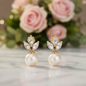 Orecchini a perno con perle color oro rosa e cristalli taglio marquise, design floreale, per donna, gioielli da matrimonio, in lega di zinco placcata oro 22k - Product Image 2