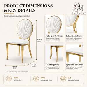 Chaise de mariage de luxe personnalisée en acier inoxydable doré avec dossier en coquille Saint-Jacques et rembourrage cannelé pour banquets d'hôtel - Product Image 5