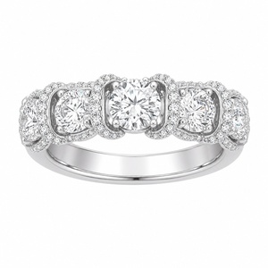 Bague Cinq Pierres Rondes, en Argent Sterling 925, Halo Arqué Festonné avec Micro-Pavé, Bande Empilable pour Anniversaire, Vente en Gros - Product Image 1