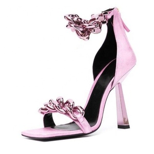 Handmade Zipper Women Summer High Heels <b>Shoes</b> Ankle Metal Chain Square Toe Hot Sale Summer Women Dress Sandals - Product Image 1