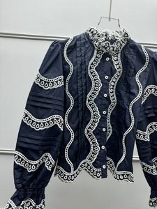 Blusa Elegante Vintage Francesa para Mujer, con Encaje Calado, Bordado, Volantes, Corte Regular, Tejida para Verano, Top ODM - Product Image 4