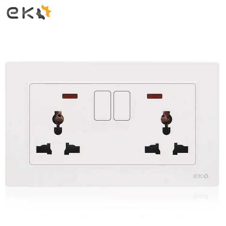 British/BS/UK 250V 15A single pole double twin 3 pin plug socket/ 2x3 hole rectangular power wall switch socket with neon outlet