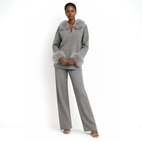 Ensemble décontracté deux pièces en laine anti-boulochage pour femme, collection automne-hiver, avec col et poignets en fourrure de renard véritable, coupe ample et unie