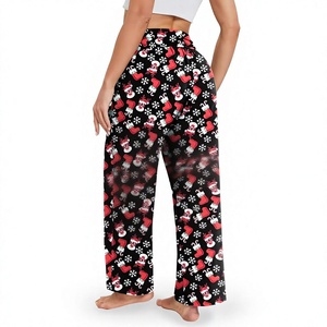Pantalones de mujer de cintura alta y pierna ancha con estampado navideño, cintura elástica, pantalones largos informales con bolsillos - Product Image 4