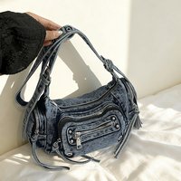 Tas Selempang Wanita Model Biker Denim Distressed Washed 2026, Manis dan Keren, Dapat Dipakai di Bawah Lengan, di Bahu, dan Crossbody dengan Tali yang Dapat Disesuaikan