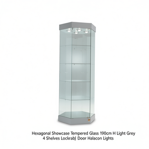 Vitrina Hexagonal de Vidrio Templado de 190 cm de Alto, Color Gris Claro, 4 Estantes, Puerta con Cerradura, Luces Halógenas - Product Image 2