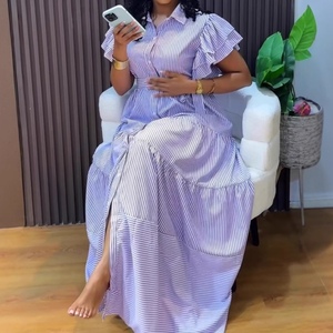 Vestidos africanos a rayas de manga corta, holgados, de longitud media y con abertura, para mujeres de talla grande. - Product Image 5