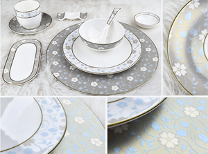 Service de table de luxe en porcelaine fine 45% avec motifs floraux en relief et bordure dorée à la main, pour hôtels, mariages, banquets et restaurants - Product Image 2