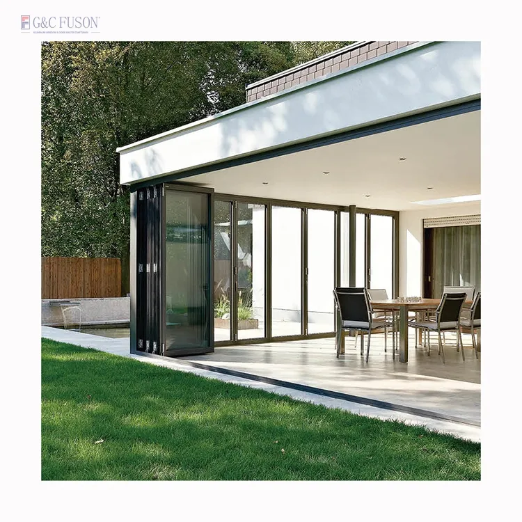 Fuson Exterior Patio Soundproof Glass Folding Door Adjustable Aluminum Folding Doors Glass Sliding Patio Bi Folding Door