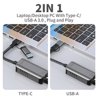Adaptador Ethernet USB 3,0 Tipo C 5Gbps 2 en 1 RJ45 Tarjeta de red con cable Adaptador LAN de 5000Mbps para computadora portátil Macbook Teléfono celular externo