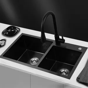 7843R évier de cuisine noir Nano fait à la main double bol de lavage au-dessus du comptoir éviers de cuisine en acier inoxydable
