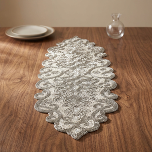Classic Embroidered Polyester Table <b>Runner</b> Floral Pattern Beaded Design <b>Washable</b> Home Decor - Product Image 1
