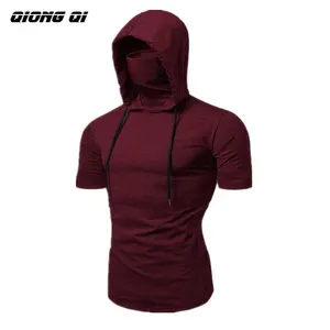 Men's Youth Solid Color Hooded T-Shirt With Mask Men's Slim Sports Hooded Tie Tops T-Shirt For Men