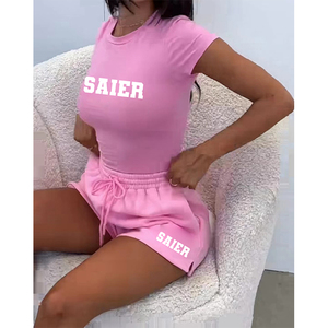 Abbigliamento Estivo <span class=keywords><strong>Donna</strong></span> 2026: Completo Rosa in <span class=keywords><strong>Cotone</strong></span> da <span class=keywords><strong>Donna</strong></span>, Set Personalizzato per Fitness e Palestra, Tuta 2 Pezzi con Pantaloncini e T-shirt - Product Image 4