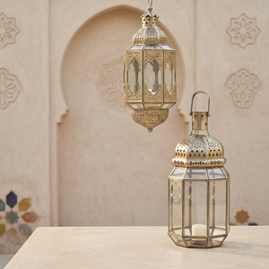 Wholesale Traditional Moroccan Style Glass <b>Lanterns</b> with <b>Brass</b> Frame for Home Decorations - Product Image 1