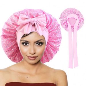 Bonnet extra long à sequins pour dormir, en satin soyeux géant, avec bande extensible à nouer – Cadeaux promotionnels - Product Image 2