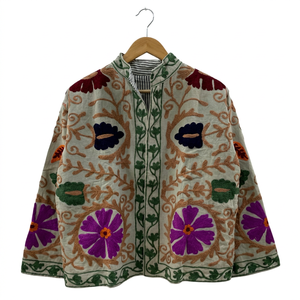 Handmade Beige Linen Suzani Embroidered Jacket Women Vintage Floral Kashmiri <b>Coat</b> Reversible Cotton Lined Ethnic Boho Kimono - Product Image 1