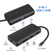 Station d'accueil USB-C Hub Type C Ventes transfrontalières 3/4/5/6/7/8/9 en 1 HDTV USB3.0 USB2.0 SD TF RJ45 VGA Audio en aluminium