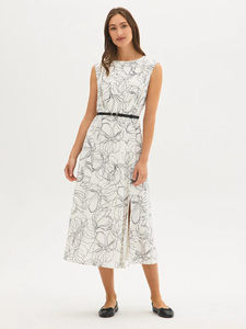 Women's Elegant White Black Abstract Floral Line Art Boat Neck Sleeveless Belted A-Line Midi Dress Formal Office Daily Wear - Product Image 4