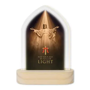 Factory Directly Led Round Transparent Acrylic Note Board Holiday Jesus Light Custom Wooden Faith Night Light Lamp