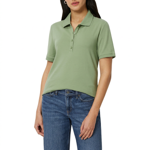 Camiseta Polo de Manga Corta para Mujer, Color Verde Sólido, Corte Regular, 100% Algodón, Tejido Oxford, Estilo Liso Teñido - Product Image 1
