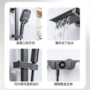 Juego de cabezal de ducha con pantalla digital, acabado gris bronce mate, forma rectangular, rociador de masaje, grifo de ducha tipo lluvia, instalación oculta - Product Image 3