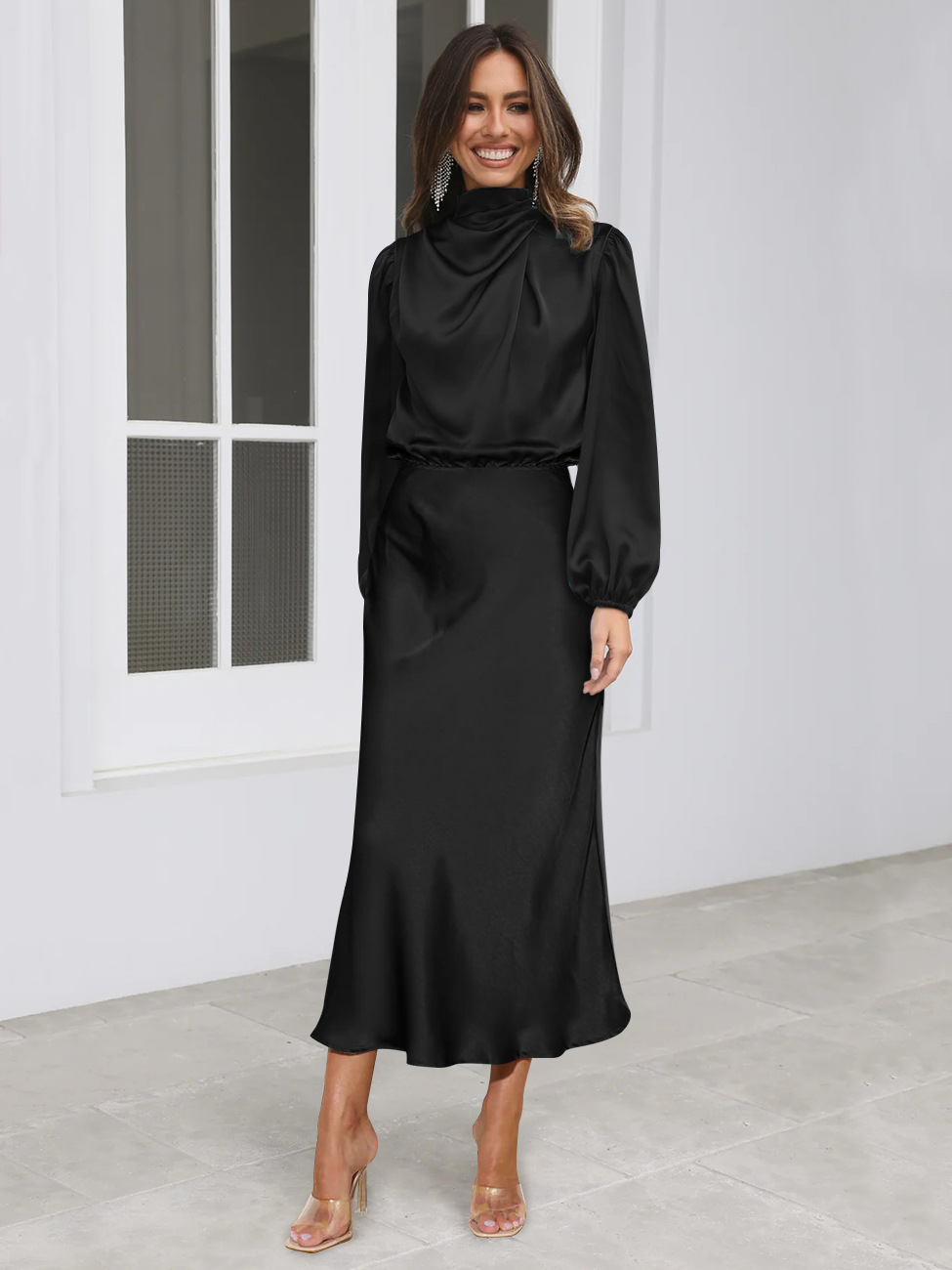knee length dresses for ladies High Neck Satin Wedding Gown with Long Sleeves – loveangeldress main image 1