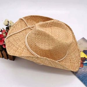 Chapeaux de cowboy en raphia naturel en gros avec cordon de menton, élégants pour femmes et hommes - Product Image 1