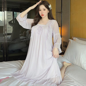 Pyjama chemise de nuit respirant longueur genou 2025 – Collection Printemps-Automne, couleur unie, col carré, style princesse, élastique, pour la maison - Product Image 3