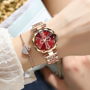 Reloj popular para mujer con diamantes en forma de cruz, cadena de oro rosa, esfera con diseño de cielo estrellado, reloj de cuarzo resistente al agua. - Product Image 2