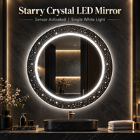 Miroir mural rond en cristal de luxe avec activation par capteur, lumière blanche unique et rétroéclairage décoratif pour les intérieurs modernes