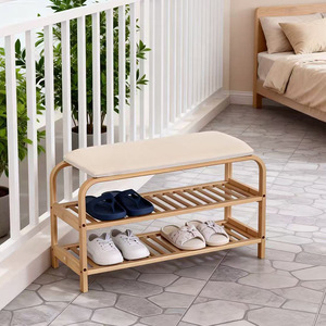 Double Layer Shoe Bench With <b>Cushion</b> <b>Storage</b> Rack For Entryway Foyer 70x30x46cm - Product Image 2