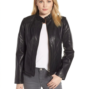 Veste en cuir noire ouverte sur le devant pour femme, col montant, manches longues, style décontracté, veste en cuir moderne et tendance pour femme - Product Image 1