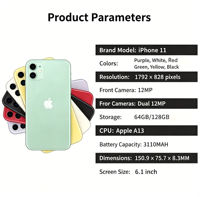 Vente en gros d'iPhone 11 d'Apple débloqué, version mondiale originale 64/128 Go, toutes les couleurs, longue durée de vie de la batterie