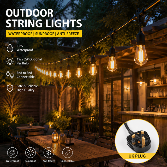 Outdoor String Lights UK Plug LED Edison Bulbs 1W/2W Connectable Heavy Duty Garden Patio Bistro Festoon Lighting for Outdoor Use