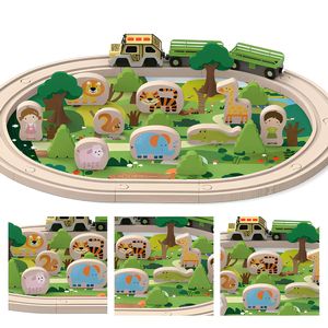 Train de Safari en Bois avec Piste et Jouets pour Tout-Petits, Tapis de Jeu Animaux du Zoo (Lion, Girafe, Éléphant), Jouets Éducatifs pour Enfants - Product Image 1