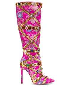 2023 botas largas de tacón de aguja bordadas en punta de lujo para mujer, zapatos de tacón con flores y diamantes de imitación, botas hasta la rodilla para mujer