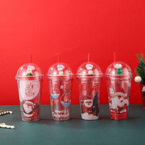 Kawaii 450ml Christmas Santa Reindeer Cartoon <b>Plastic</b> Straw Tumbler with Silver Glitter Dome Lid Double Wall Clear Icy Crushed - Product Image 2