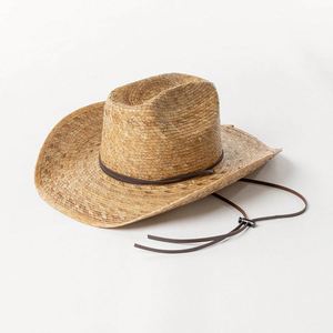 Chapeau de paille rétro tendance à grandes bords, motif feuille de palmier, style cowboy, pour voyage en extérieur et plage, avec cordon chinois - Product Image 1