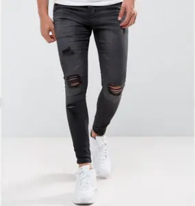 Oem Chinese Fabriek Custom Heren Zware Knie Rips Super Stretch Skinny Distressed Jeans Zwarte Denim Broek