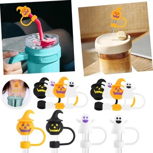 Capuchon de paille en silicone Premium pour Halloween, 8-10mm, motifs Citrouille, Fantôme, Dessin Animé, Décoration de paille pour fête, Cache-poussière pour fête d'anniversaire d'enfants - Product Image 3