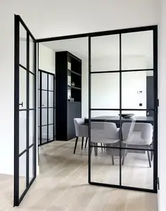 Black Frame Interior Door Customized Double Tempered Glass Steel Entry Doors