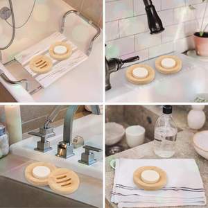 Juego de 4 Jaboneras de Bambú para <span class=keywords><strong>Ducha</strong></span>, Soportes Redondos de <span class=keywords><strong>Madera</strong></span> con Bandeja Autodrenante para Barras de Champú y Acondicionador - Product Image 4
