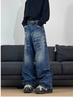 Grande Promotion Jeans Denim Délavé Personnalisé Style Y2K Streetwear, Nouvelle Mode Jean Baggy Noir Hip Hop Homme Taille Moyenne Coupe Droite Qualité Supérieure