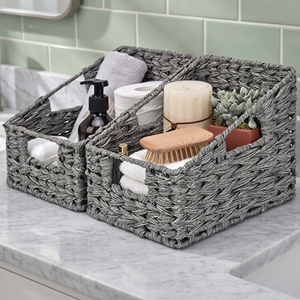 Gray <b>Rectangle</b> Woven <b>Storage</b> <b>Baskets</b> Set 2-Pack With Handles For Bathroom Bedroom Home Organization Rustic Style - Product Image 3